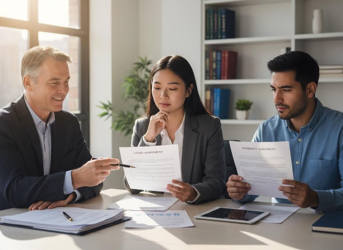 Three business professionals review lease and guaranty agreements