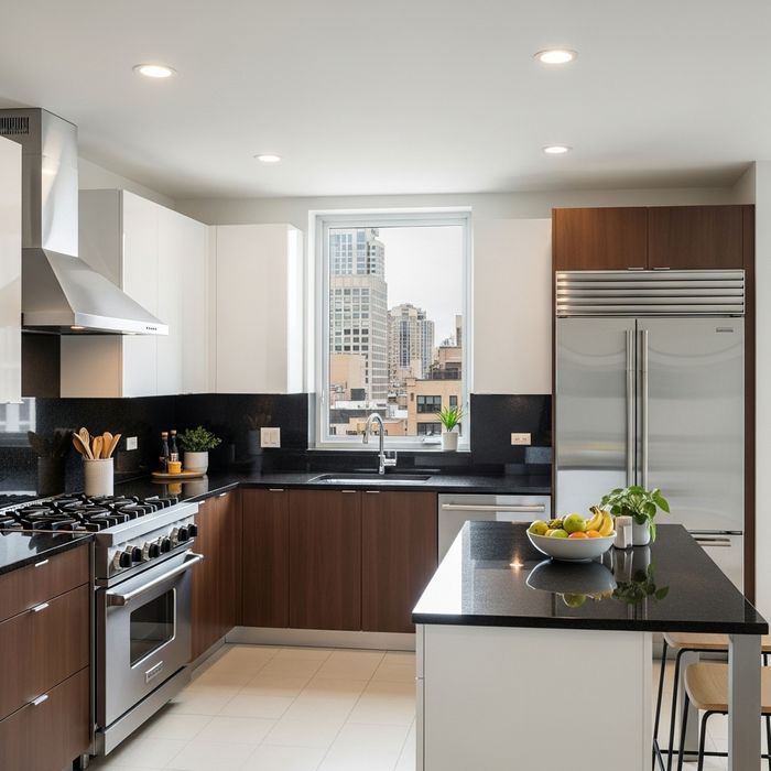Modern apartment kitchen with granite countertops and stainless steel appliances.