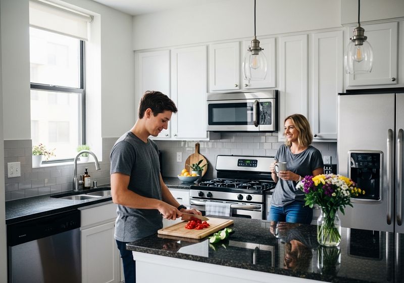 Couple preparing food in a modern kitchen