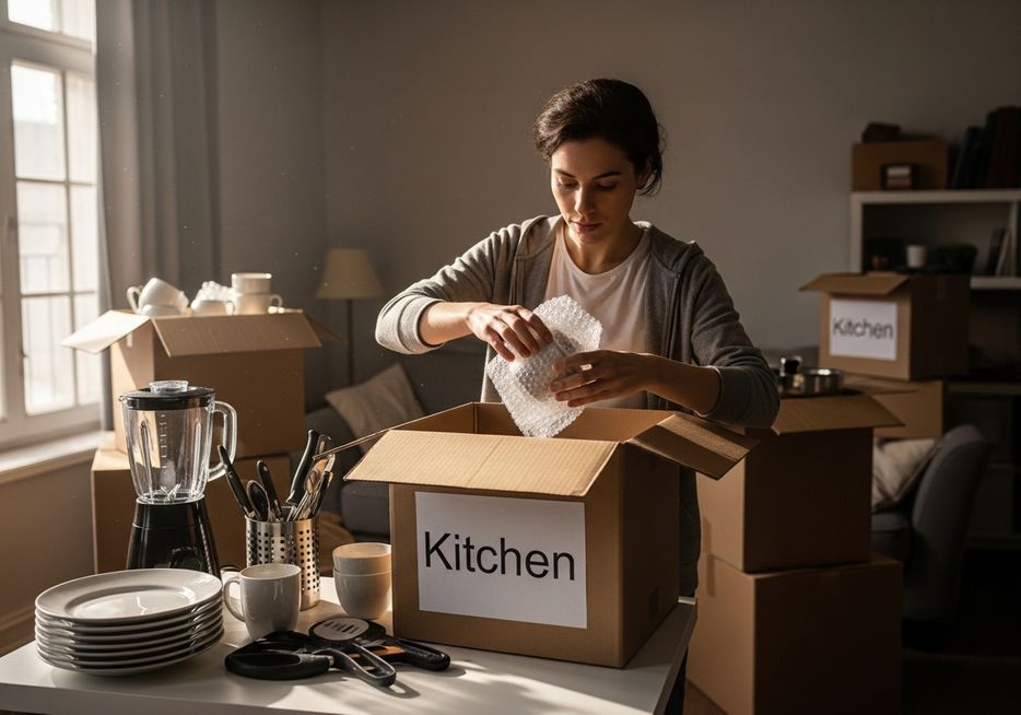 person packing a box to move person packing a box to move