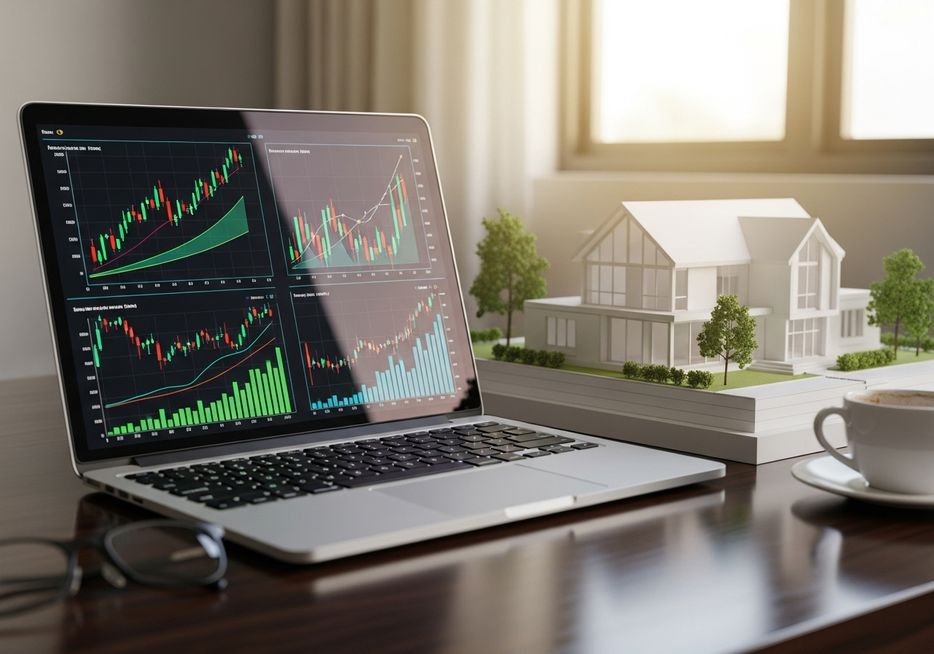 Laptop displaying financial charts and a house model