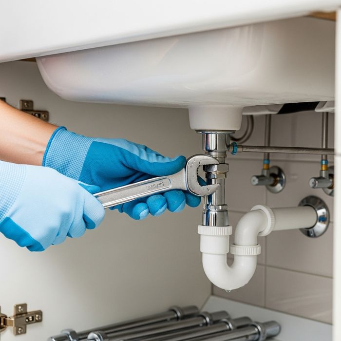holding a wrench to fix a sink
