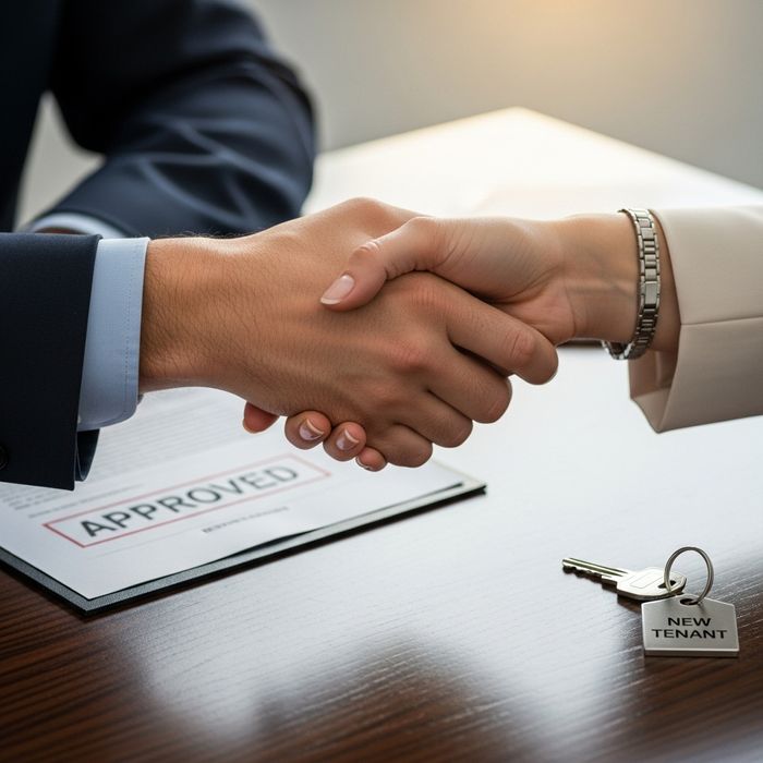 Two hands shaking firmly over a desk, symbolizing successful and secure tenant screening and placement.