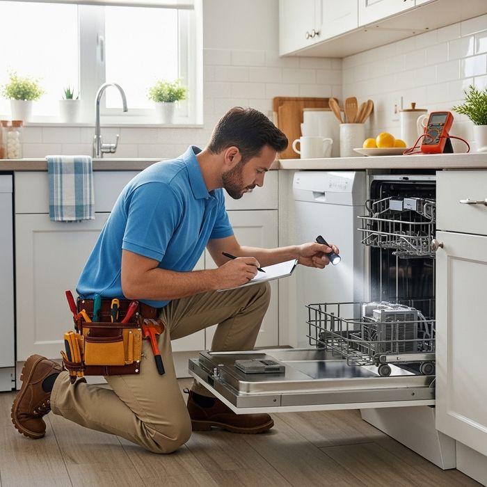 A maintenance professional performing an inspection of a rental property.