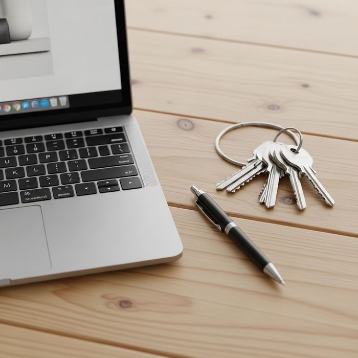 a laptop, a set of house keys, and a professional pen on a light wood desk.