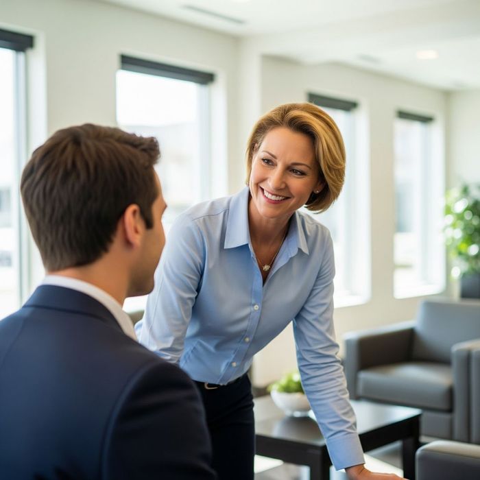 Property manager and tenant having a positive conversation in a bright, modern commercial building lobby. Property manager and tenant having a positive conversation in a bright, modern commercial building lobby.