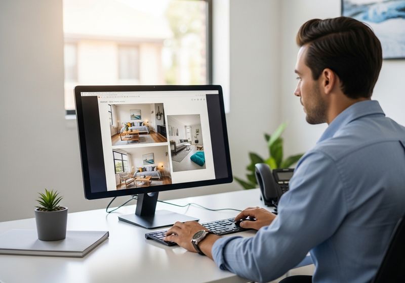 professional using a computer that shows images of a rental property
