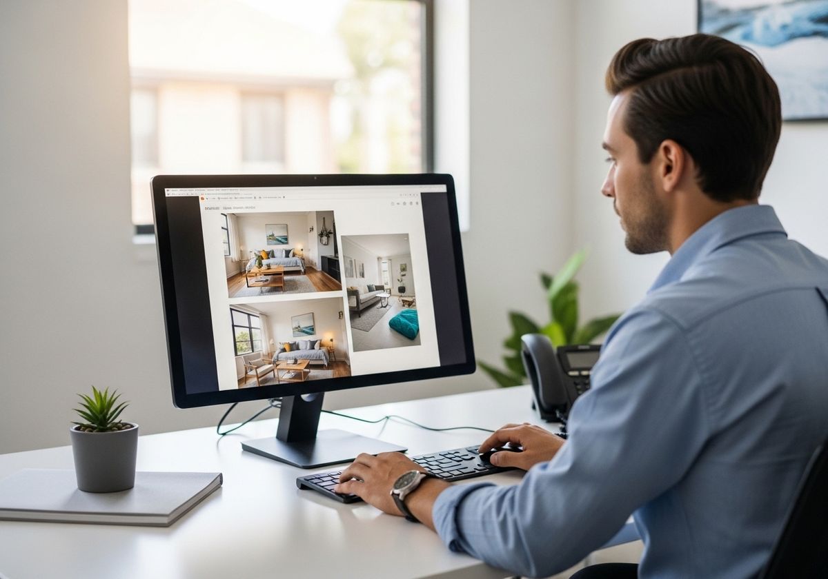 professional using a computer that shows images of a rental property