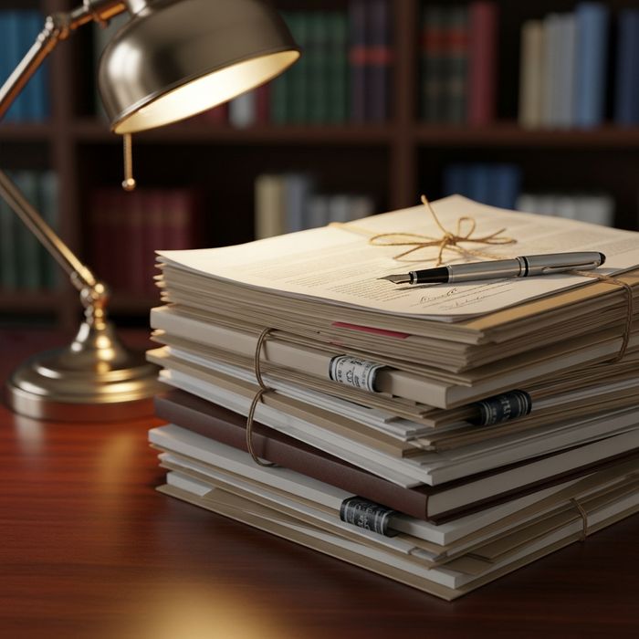 Stack of legal documents and a pen