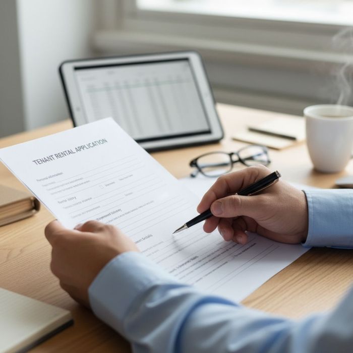 A close-up of a professional carefully reviewing a tenant rental application form