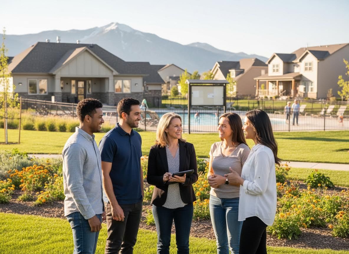 Real estate agent showing community to diverse group of people