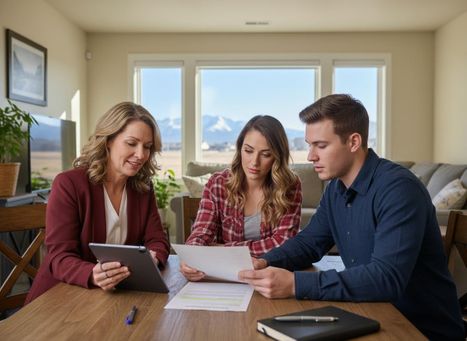 A professional woman in a red blazer reviews documents and a tablet with a young couple at a wooden table, in a bright room with a mountain view. Financial advisor helping a young couple