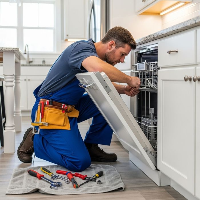 Maintenance worker fixing a dishwasher
