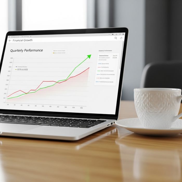 a laptop screen displaying a financial growth chart 