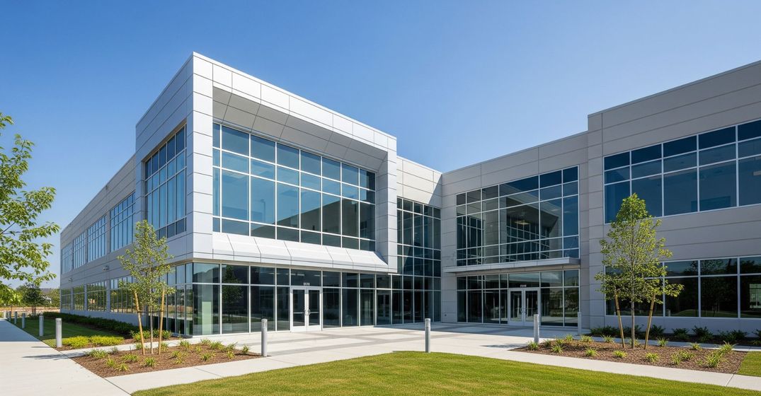 Modern commercial building exterior, well-maintained and reflecting high value.