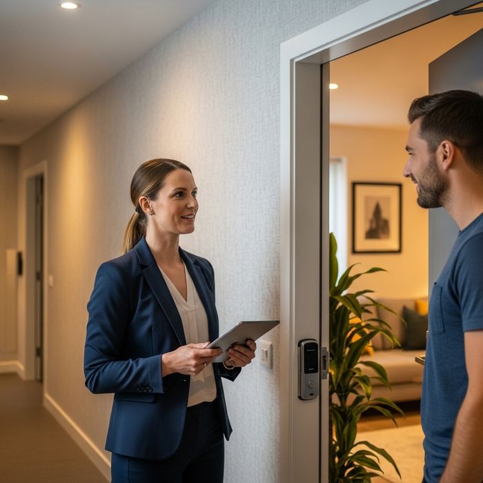 A Vintage Corporation representative communicating professionally with a tenant.