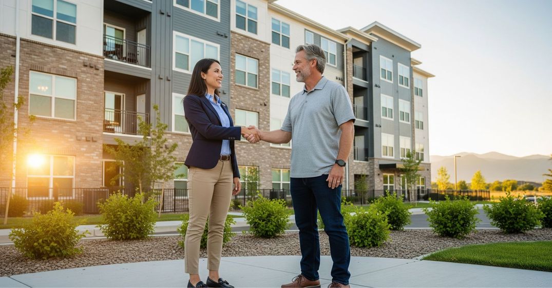 A property manager shaking hands with a satisfied property owner.