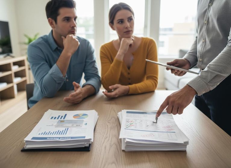 Financial consultant discussing documents with a couple