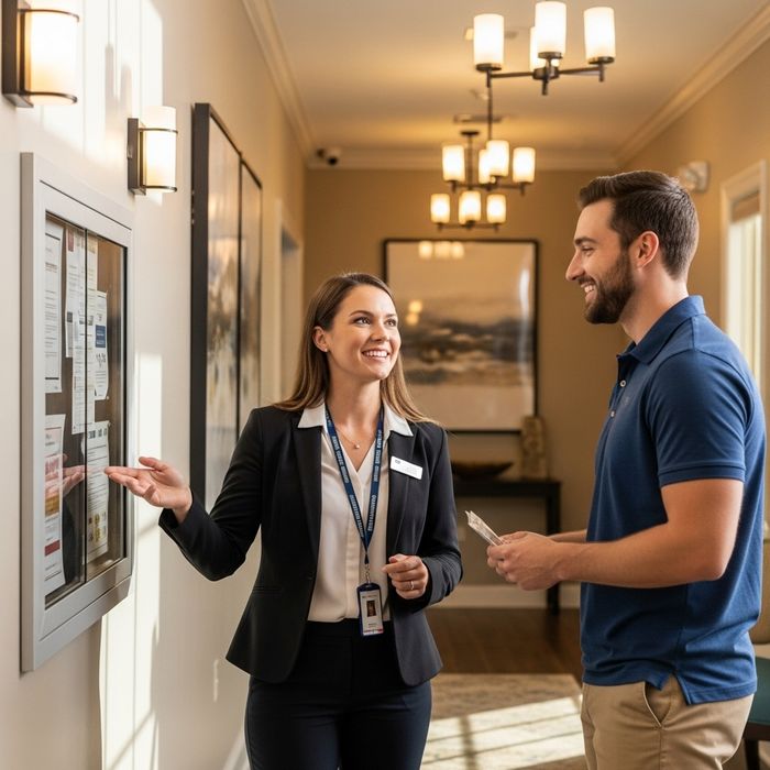 Property manager and apartment resident having a positive discussion in a hallway.
