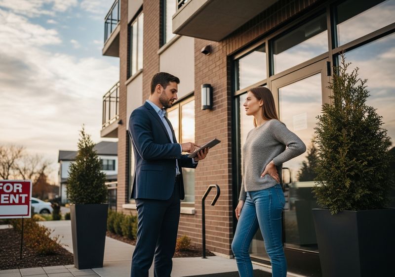 people talking outside of an apartment building