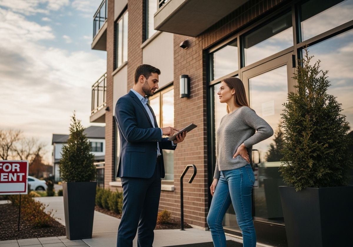 people talking outside of an apartment building