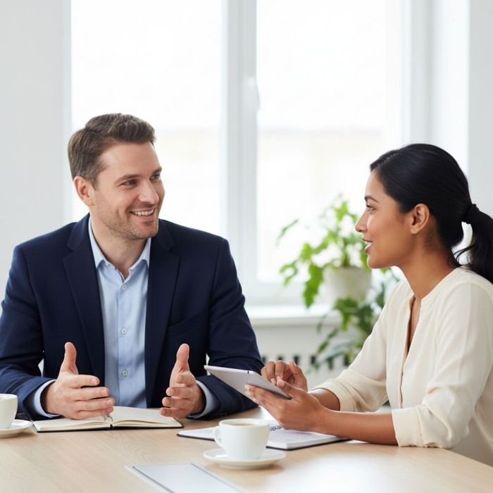 Two people engaged in a positive and professional conversation