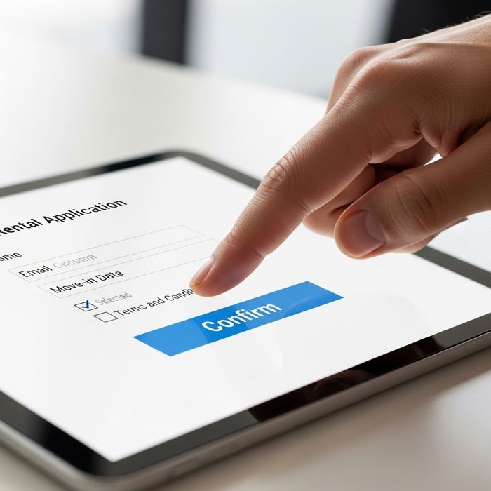 Hand tapping 'Confirm' on a tablet displaying a simple online rental application.