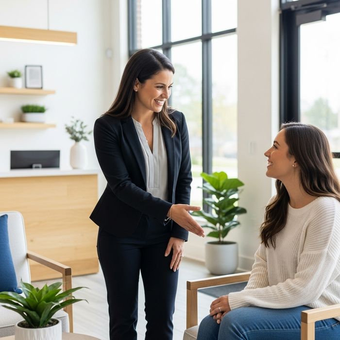 property manager warmly greeting an apartment resident