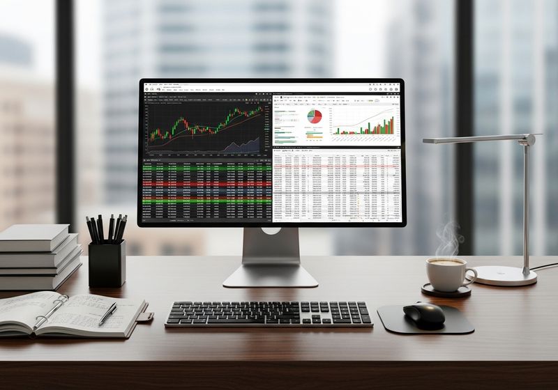 A professional desk with a computer showing financial reports