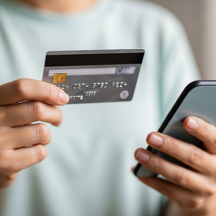 a person holding a credit card, getting ready to pay their rent using their phone