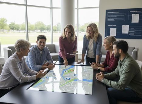 Six smiling colleagues around an interactive table with a digital map. One woman points at the map while others look on, holding phones. Diverse business team collaborating with interactive digital map display