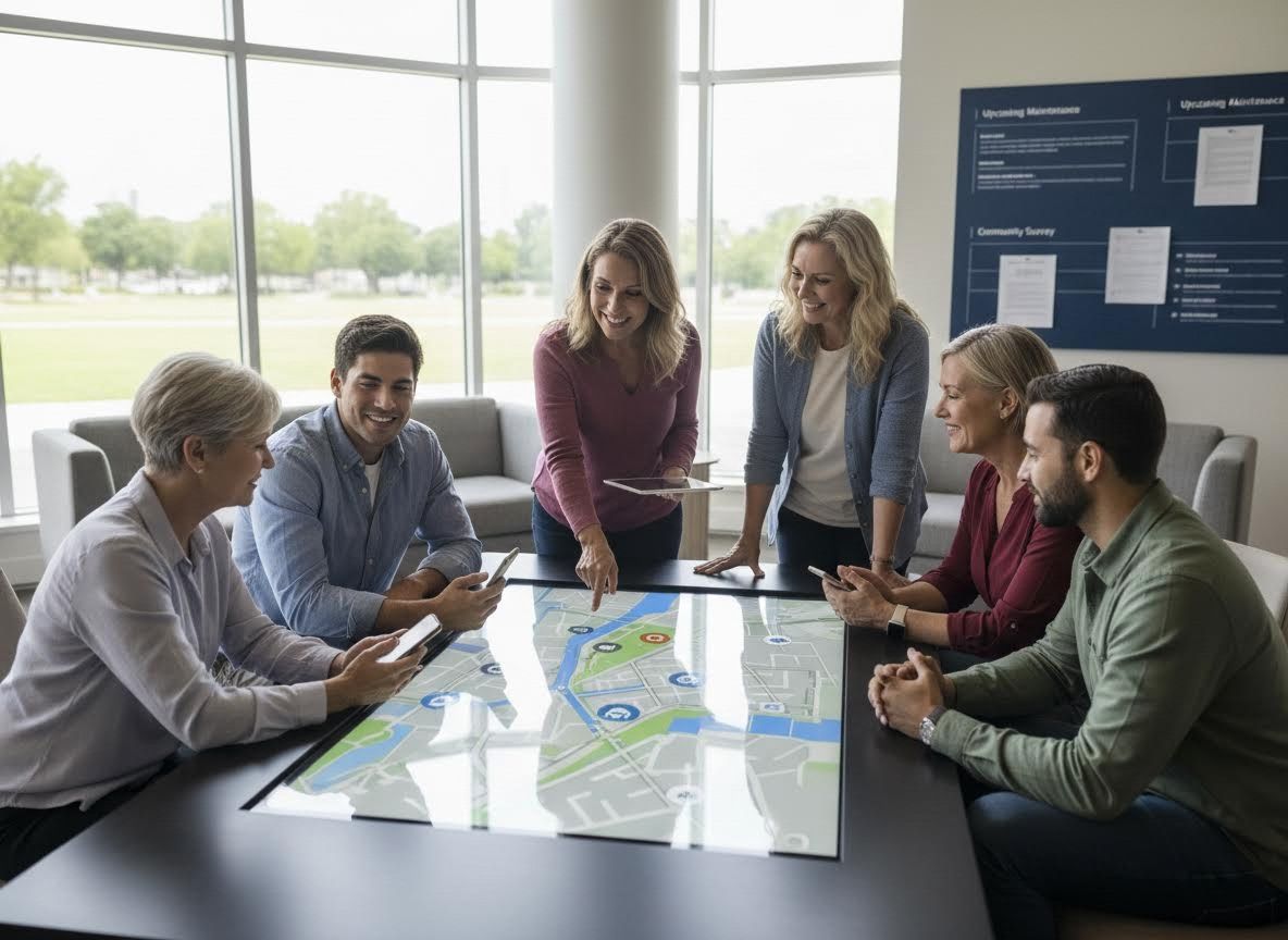 Diverse business team collaborating with interactive digital map display