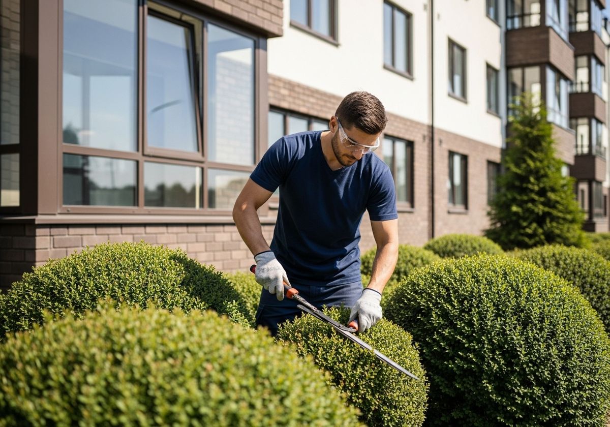 professional trimming bushes in front of an apartment building
