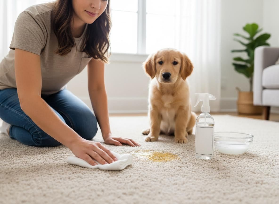 Woman cleaning puppy accident on carpet