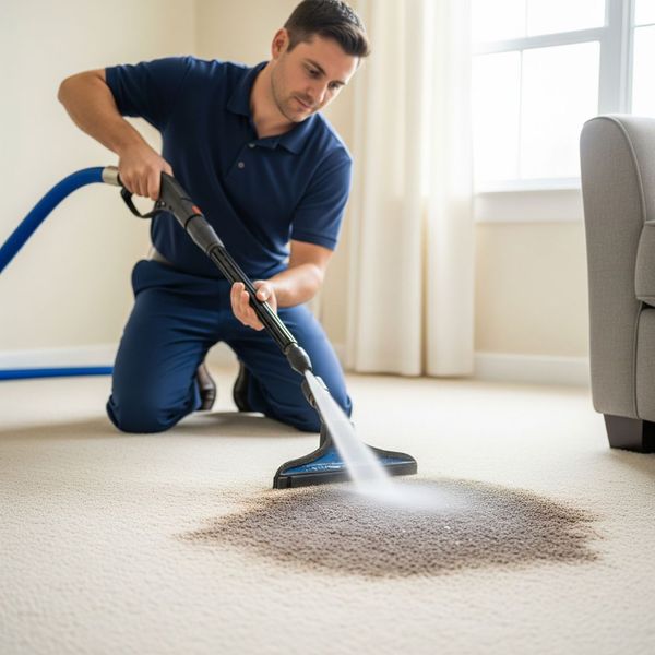 A cleaning professional using specialized equipment to get rid of carpet stains.