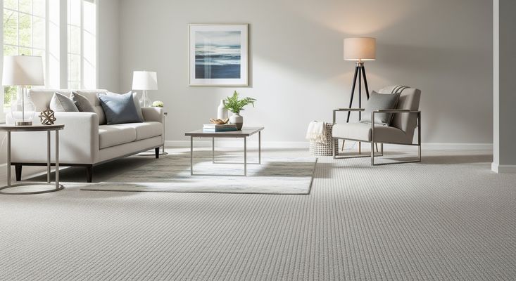 A bright and clean living room with a freshly vacuumed light gray carpet.