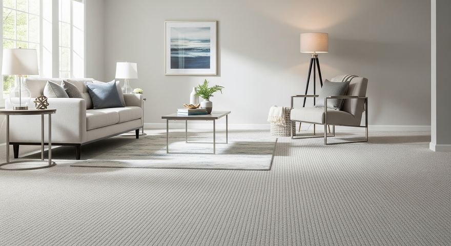 A bright and clean living room with a freshly vacuumed light gray carpet.