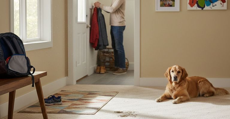 A golden retriever dog rests on a light-colored carpet in a busy home entryway as a person hangs a coat by the door.