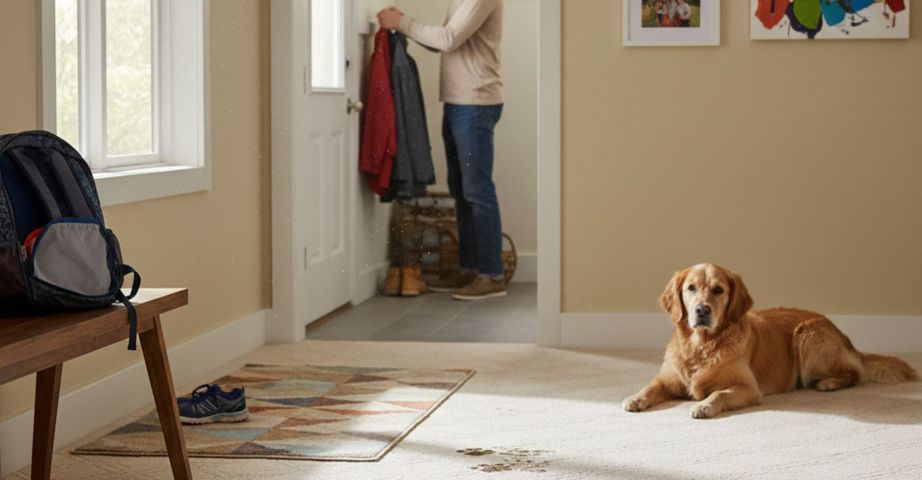 A golden retriever dog rests on a light-colored carpet in a busy home entryway as a person hangs a coat by the door.