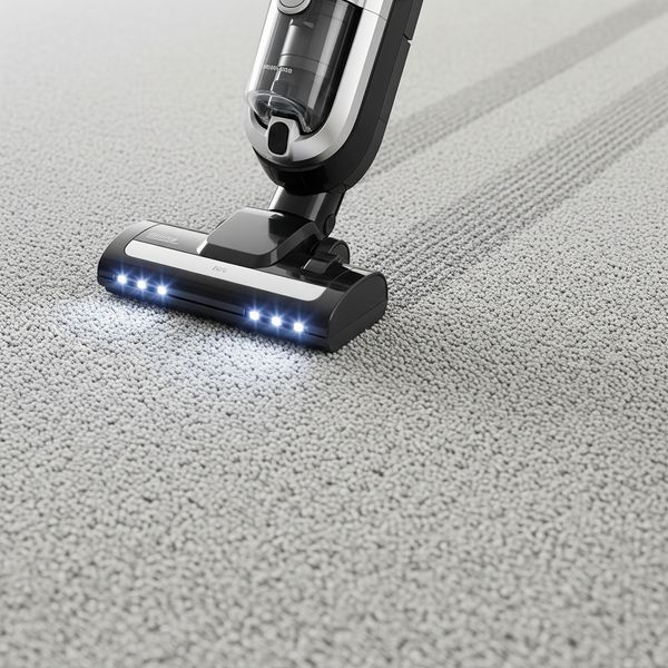A close-up of a modern vacuum cleaner moving across a clean, textured carpet.