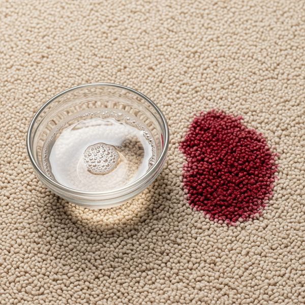 A small bowl containing a clear cleaning solution next to a red wine stain on a carpet.