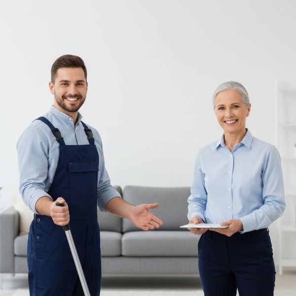 A friendly professional carpet cleaner interacting with a satisfied homeowner