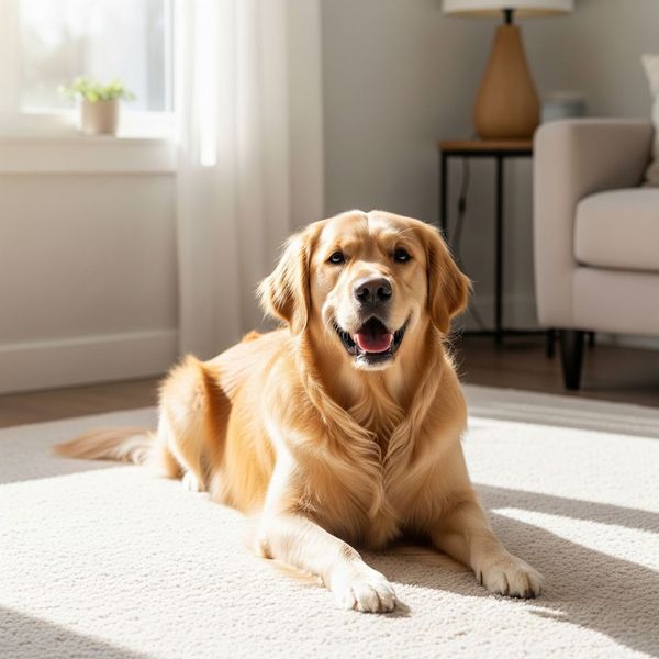 Happy golden retriever lying on a fresh, clean carpet, free of pet dander and odors. Happy golden retriever lying on a fresh, clean carpet, free of pet dander and odors.