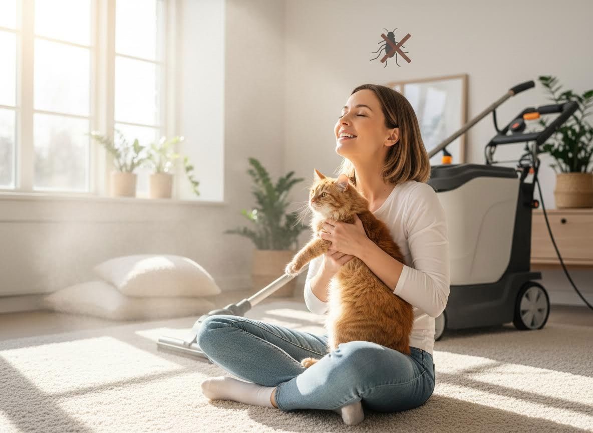 Happy woman with cat in clean home