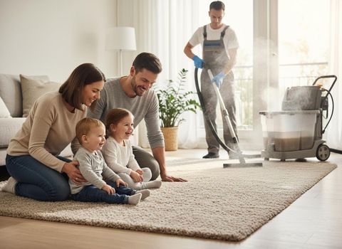 A happy family with two young children smiles while watching a professional cleaner steam-clean their living room carpet. Family watching professional carpet cleaning service