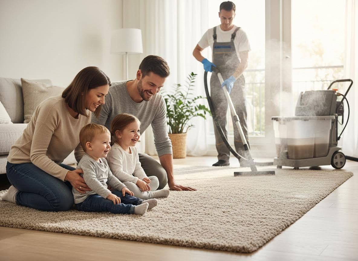 Family watching professional carpet cleaning service