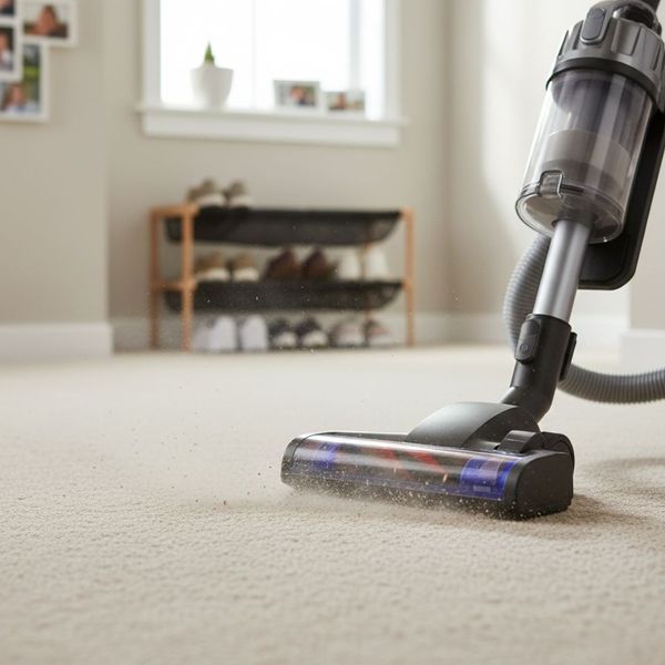 A vacuum cleaner efficiently picking up dirt from a carpeted high-traffic area