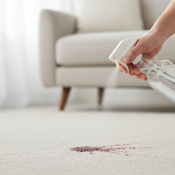 A close-up of a hand using a spray bottle to treat a small carpet stain