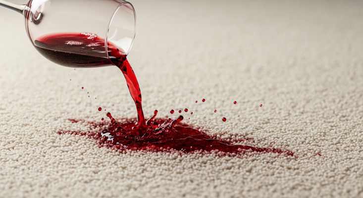 A glass of red wine spilling onto a light-colored carpet, creating a fresh stain.