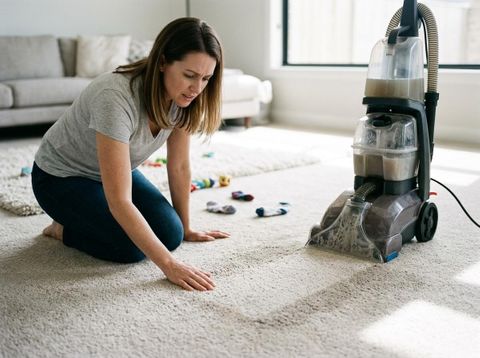 Woman cleaning carpet with a machine